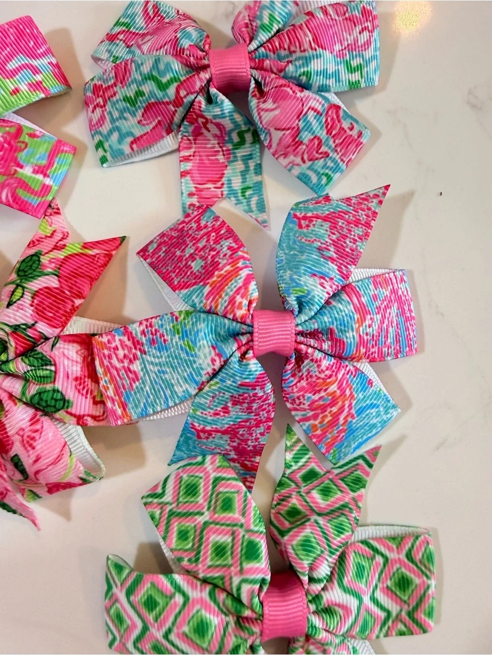 Kids Floral Pink Ribbon Hair Bows - Pack of 7